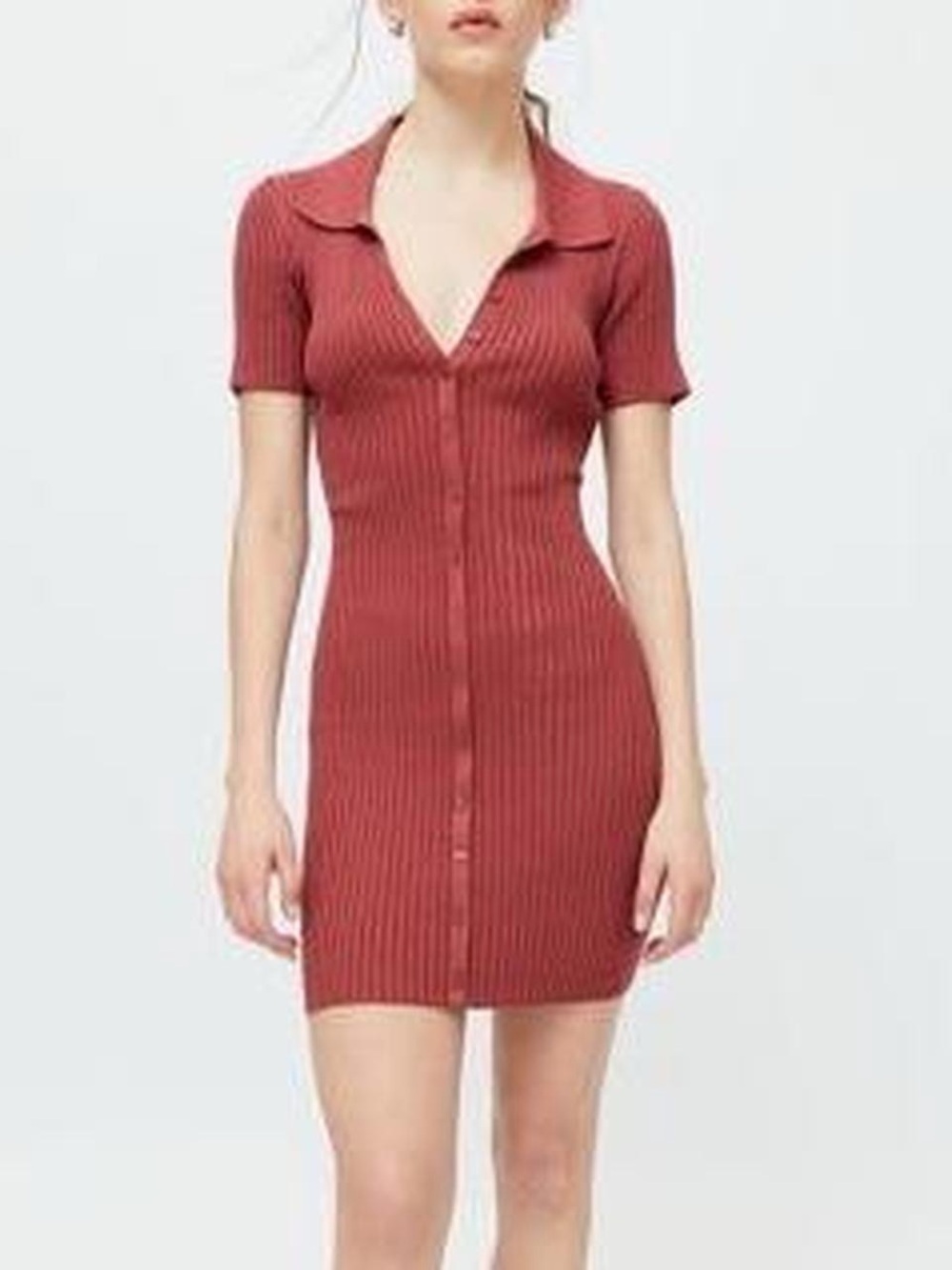 Urban Outfitters Ribbed Button-Front Polo Bodycon Mini Dress - Rust